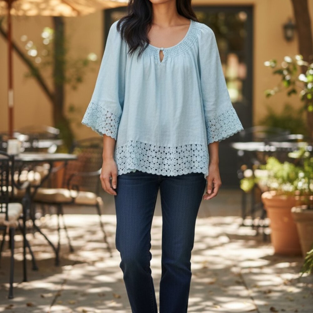 Charter Club Linen Luxury Blue Peasant Style Smocked Neckline Top Size 2X